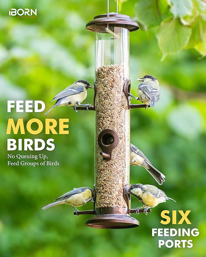 iBorn Metal Bird Feeder Hanging Wild Bird Seed Feeder for Mix Seed Blends Heavy Duty All Metal Coffee Finish,14 Inch 6 Port(Seed is not Included)-Ruum Studio Home