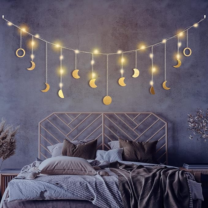 Moon Phase Wall Decor with LED String Light, 13 Gold Wood Boho Wall Hanging Decor Mood Garland 56'' - Celestial Phases Moon Decor in Bohemian Style for Bedroom Home Living Room-Ruum Studio Home