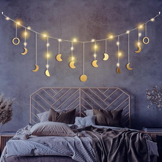 Moon Phase Wall Decor with LED String Light, 13 Gold Wood Boho Wall Hanging Decor Mood Garland 56'' - Celestial Phases Moon Decor in Bohemian Style for Bedroom Home Living Room-Ruum Studio Home