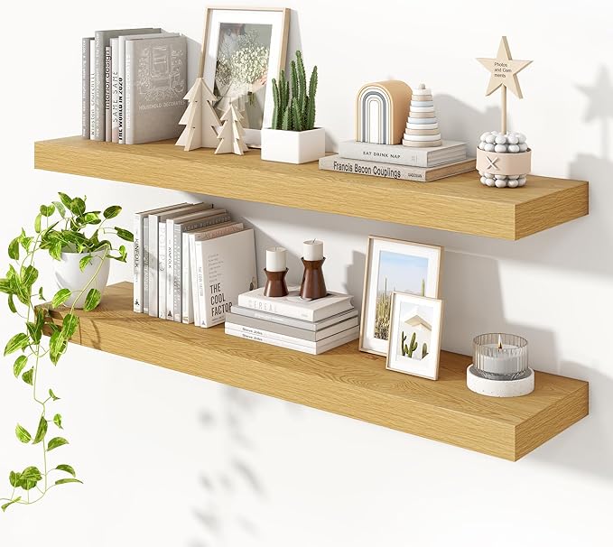 Heimlove 48" Floating Shelves for Wall,10 Deep Rustic Wood Storage Wall Shelves with Heavy Duty Brackets for Bathroom,Bedroom,Kitchen,Living Room,Office,Set of 2,Oak Color-Ruum Studio Home