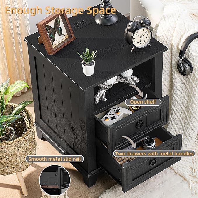18" Farmhouse Night Stand with Charging Station, 2 Drawers End Table Dresser for Bedroom, Black Wooden Nightstand, Bed Side Table with Open Shelf, Bedside Cabinet for Living Room, Closet-Ruum Studio Home