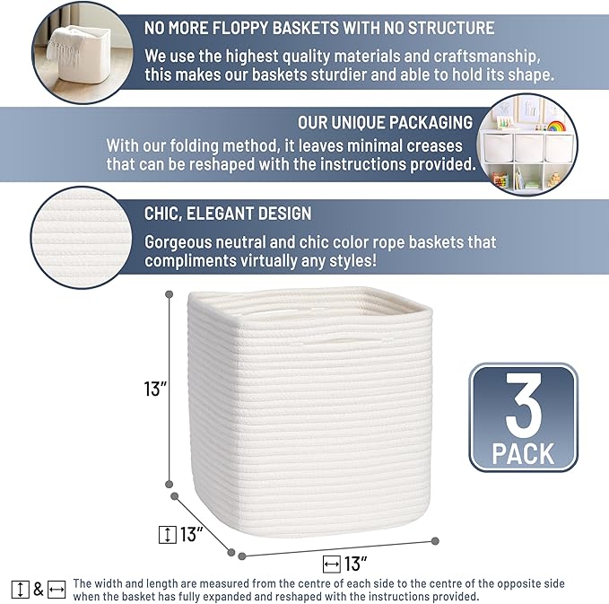 NaturalCozy 13 Inch Cube Storage Bins Cotton Rope Woven Baskets for Organizing 3-Pack | 13 x 13 Storage Cubes | Fabric Square Storage Baskets for Shelves Organizer, Kids Toy Bins, Closet Baby Nursery-Ruum Studio Home