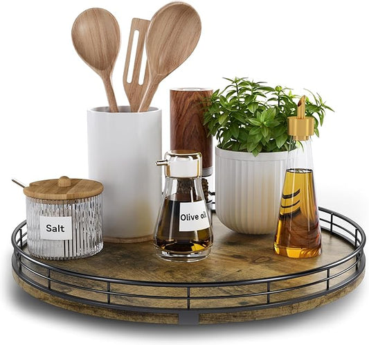 Lazy Susan Turntable Organizer for Table Top, 13’’ Round Wooden Lazy Susan for Cabinet Kitchen Countertop Pantry Dining Coffee Table for Condiments Spices, Rustic Bathroom Vanity Tray for Soap Candle-Ruum Studio Home
