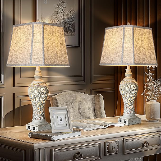 32" Tall Table Lamps Set of 2 - Bedside Lamp with Fabric Shades - for Bedroom and Living Room with USB and Nightlight - Perfect for Nightstands and Bedrooms - Bulbs Included-Ruum Studio Home