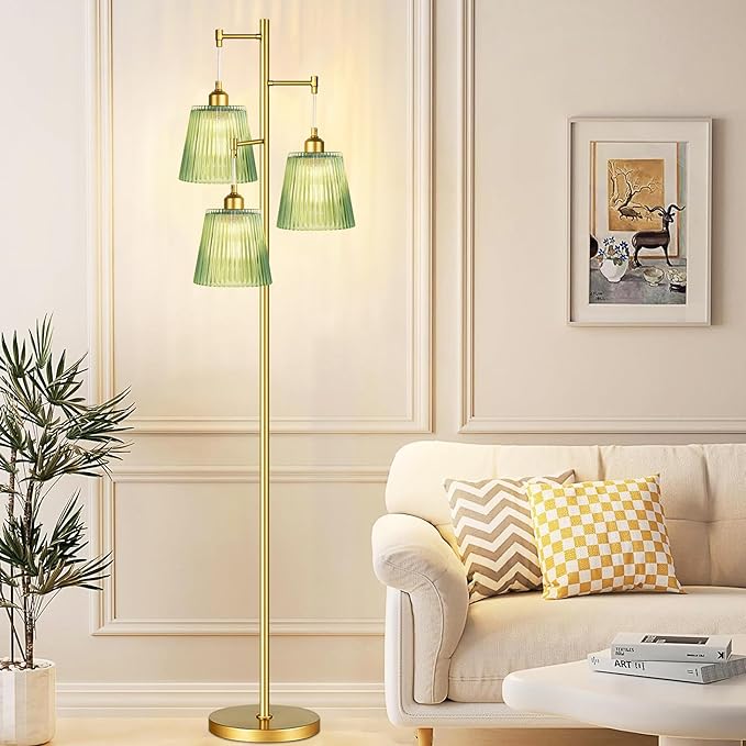 Gold Floor Lamp for Living Room,Bedroom,Mid Century Modern Standing Lamp Brass Tree 3 Light Tall Floor Lamps Vintage Retro Floor Lights Glass Green Flower Lamp Shade Farmhouse Boho Bohemian-Ruum Studio Home