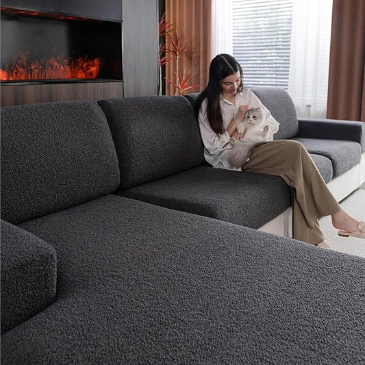 Couch Cushion Covers for Sectional Sofa, Stretch Soft Sofa Slipcovers Washable Wear-Resistant Universal Furniture Protector for Living Room(3 Seaters Covers+1 Chaise Cover, Dark Gray)-Ruum Studio Home