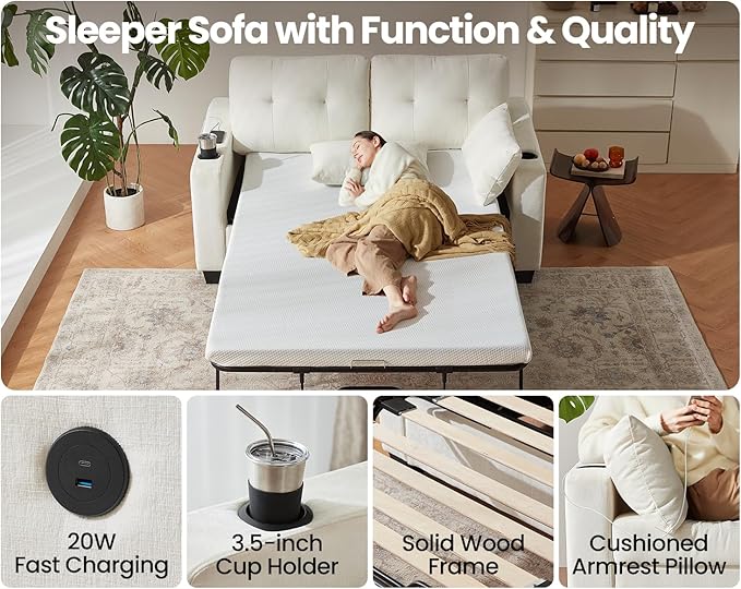 Pull Out Sofa Bed, Full Size Sleeper Sofa, 2-in-1 Convertible Corduroy Couch with USB Charging, Memory Form Couch for Living Room, Apartment and Small Space (Beige, Chenille - Full Size)-Ruum Studio Home