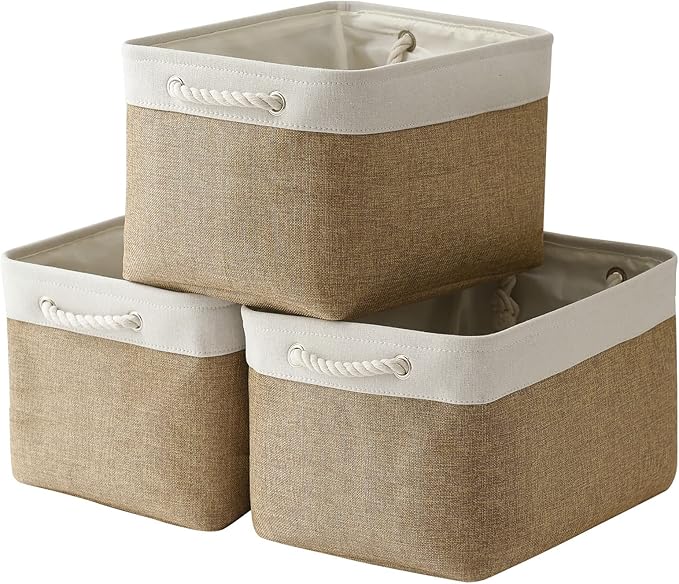 TheWarmHome Organization and Storage Basket for Gifts Empty - 16x12x12 inch Cube Storage bin 3 Pack Fabric Storage Cubes, Collapsible Baskets for Organizer Closet Cloth Gift Toy (White & Khaki)-Ruum Studio Home