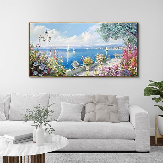 XLSJERST Blue Coastal Wall Art - Ocean Seascape Canvas Yellow Green Flowers Painting Landscape Sailboat Picture Artwork Modern Large Framed for Living Room Bedroom Home Office Decor 20"x40"-Ruum Studio Home