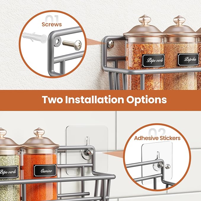 5 Pack Spice Rack Seasoning Organizer Wall Mount, Screw or Adhesive Hanging Shelf Basket Spice Organizer Shelf for Kitchen, Gray-Ruum Studio Home