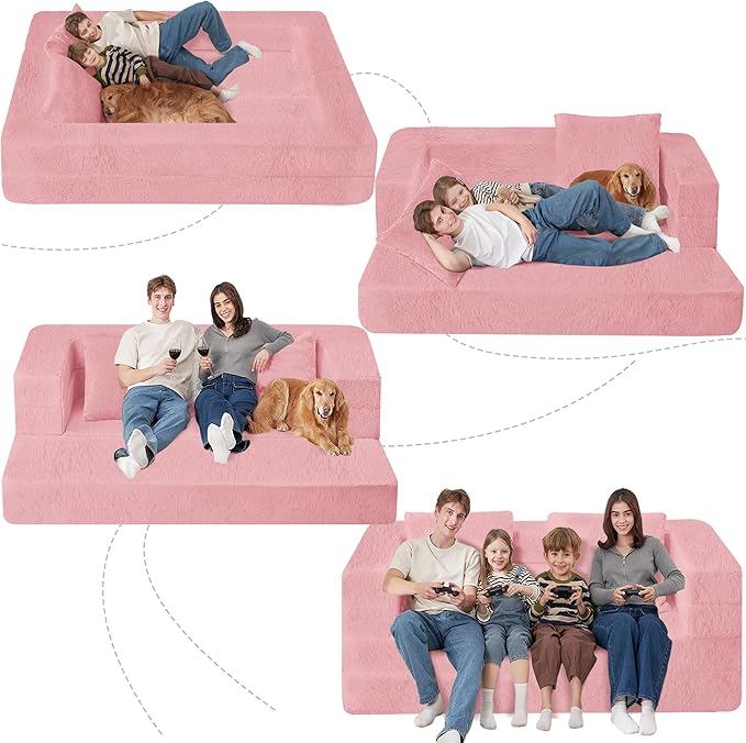 Folding Bean Bag Chair for Adults,3-in-1 Bean Bag Couch Faux Fur Floor Sofa Large Beanbag Convertible Bean Bag Sofa Bed with Pillow in Bedroom,Living Room,Apartment(Queen,Pink)-Ruum Studio Home