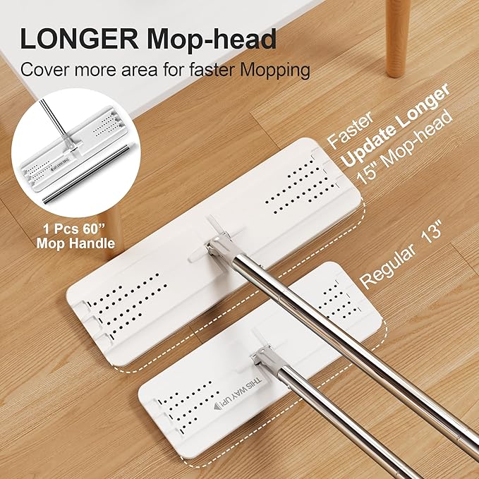 JOYMOOP Mop and Bucket with Wringer Set, Flat Squeeze Mop with Bucket (X-Large), Dust Mop for Wall Cleaner with Long Handle, Microfiber Mop - White Bucket with 3 Reusable 15" Pads-Ruum Studio Home