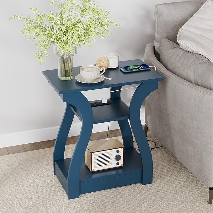 End Tables Living Room, End Table end Table with Charging Station and USB,Navy Blue Side Table, Nightstand for Bedroom,3 Tier End Table with Storage Shelf for Living Room-Ruum Studio Home