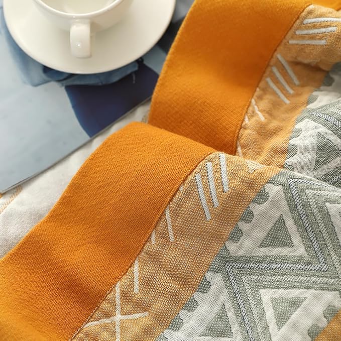 Boho Muslin Blanket for Adults 4-Layer Gauze 80 x 90 Inches Soft Cozy 100% Cotton Cooling Blanket Geometric Farmhouse Decor for Sofa Bed Coverlet Both Sides (Boho-G-Yellow, 80 x 90 in)-Ruum Studio Home