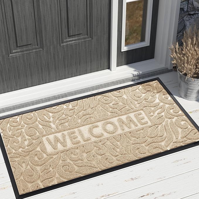 Yimobra Door Mat Indoor Outdoor Entrance, Non Slip Welcome Front Doormats, Heavy Duty Rubber Backing, Stain and Fade Resistant, Low Profile, Easy Clean Patio Garage Floor Mats, 47 x 32, Beige-Ruum Studio Home