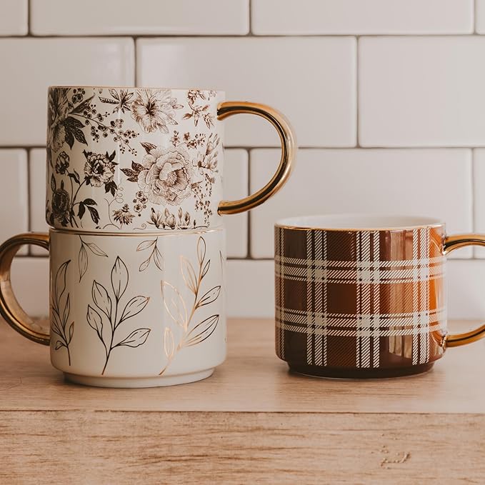 Sweet Water Decor Brown Plaid Mug with Gold Handle, 14oz Fine Bone China Coffee Cup for Tea, Latte, or Hot Cider, Cozy Fall Drinkware, Housewarming & Hostess Gift for Autumn and Thanksgiving-Ruum Studio Home