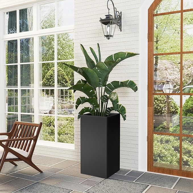 Tall Metal Cube Planter for Outdoor Plants 15" L x 15" W x 30" H 2 Pack, Heavy Duty Steel Planter Box with Removable Insert Shelf, Rectangular Planters for Porch, Garden, Yard, Hotel (Black)-Ruum Studio Home