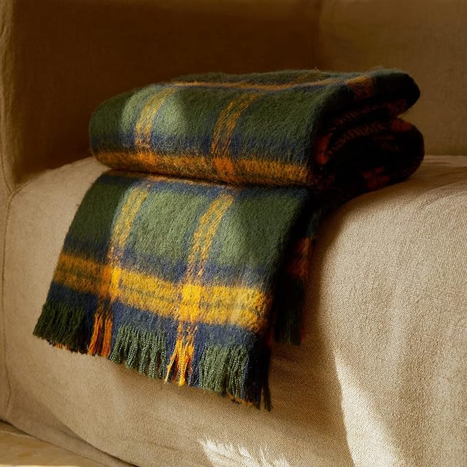 ZonLi Green Plaid Throw Blanket for Couch, Fall Plaid Blanket for Home Decor, Soft Lightweight Cozy All Season Decorative Vintage Blankets with Tassel for Bed and Sofa, 50'' x 60''-Ruum Studio Home