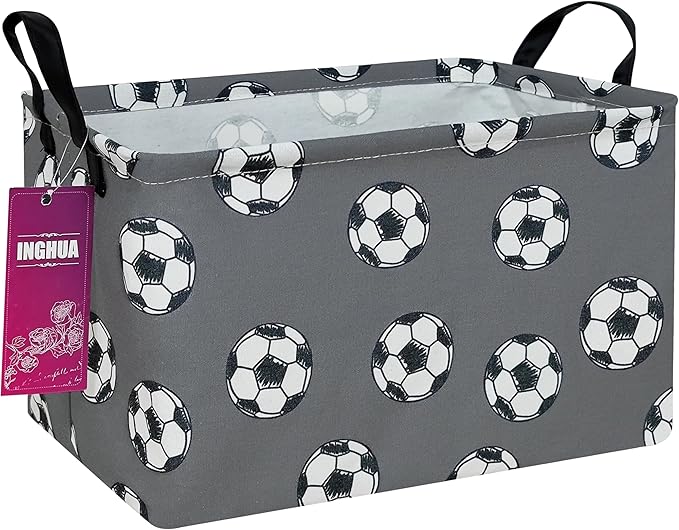 Rectangular Storage Basket Fabric Organizer Bin for Toys,Books,Clothes,Gifts,Pets-Perfect for Home,Office,Nursery,Dorm,Shelf(Rec-grey football )-Ruum Studio Home