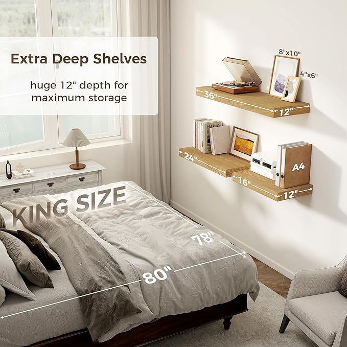 Floating Shelves 36 Inch Long, 12 Inch Deep Floating Shelves for Wall, 36 x 12 Shelves for Wall Storage & Display, 2" Thick Floating Shelf for Bathroom, Living Room, Bedroom, Oak Color, Set of 1-Ruum Studio Home