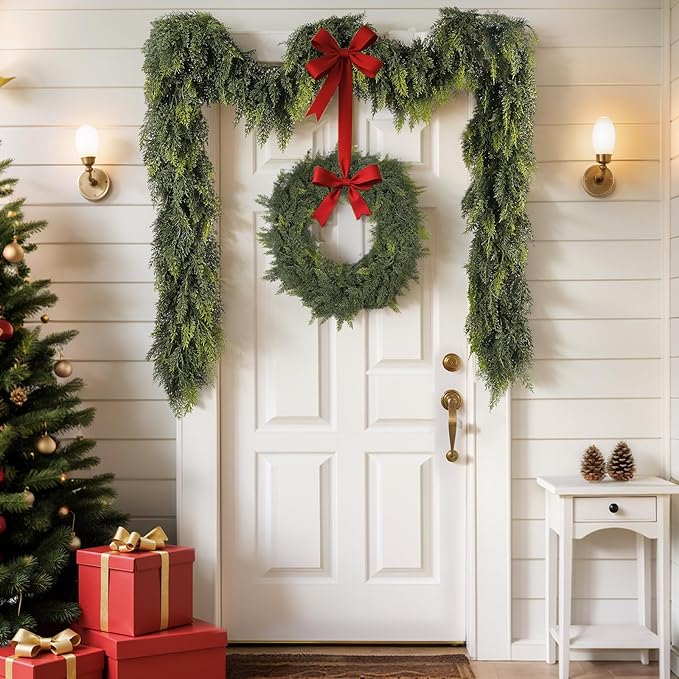 9 ft Christmas Garland, Cedar Garland, Real Touch Cypress Garlands, Green Artificial Greenery Garland for Mantel Indoor Outdoor Christmas Decorations-Ruum Studio Home