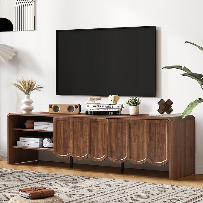 ORRD 63'' TV Stand, Modern TV Console Table Wave Panel Television Stands Entertainment Media Center with Storage Compartment and Sliding Door for Living Room (Walnut)-Ruum Studio Home