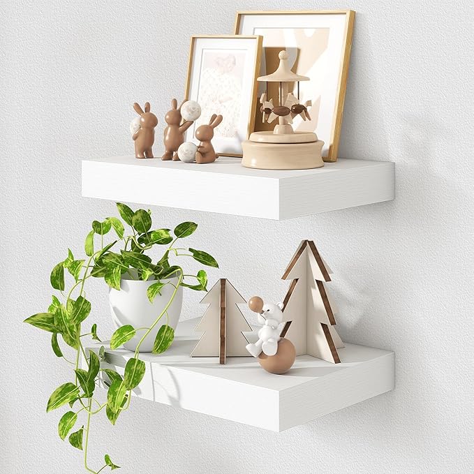 Deep Floating Shelves for Wall | 12 Inch Deep White Floating Shelves Set of 2 | 16W x 12D Rustic Wood Wide Wall Shelves | Bookshelf Laundry Shelf TV Shelf-Ruum Studio Home