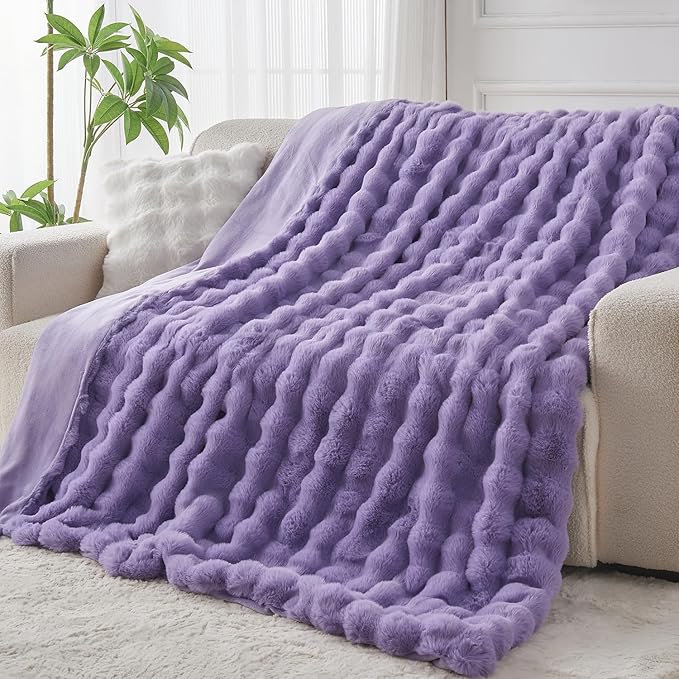 Lotus Karen Faux Fur Throw Blanket Purple - Big Bubble Rabbit Fluff Blanket for Couch Bed Sofa,Softest Fluffy Fuzzy Cozy Blanket,Thick Furry Plush Shaggy Warm Blankets for Women,60x80 Inches-Ruum Studio Home