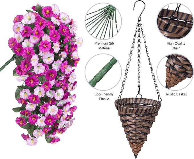 Artificial Fake Hanging Flowers Basket for Outdoor Indoor Decoration,UV Resistant Faux Silk Light Fuchsia and Fuchsia Morning Glory Flowers Plants Realistic Hanging Planter for Outside Home Porch Yard-Ruum Studio Home