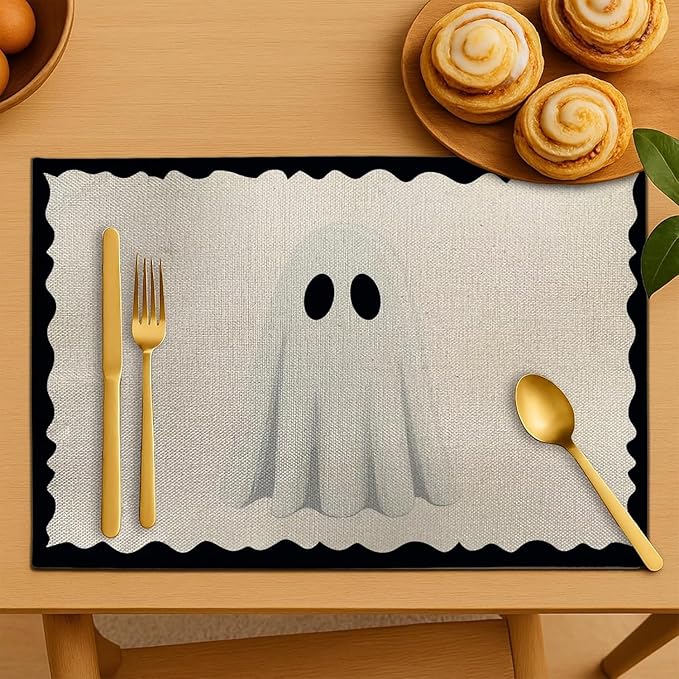 Halloween Ghost Placemats, 4Pcs Black&White Washable Heat Resistant 12×18 Inch Table Mats Cute Place Mats for Party Outdoor Decoration Kitchen Dining Décor-Ruum Studio Home