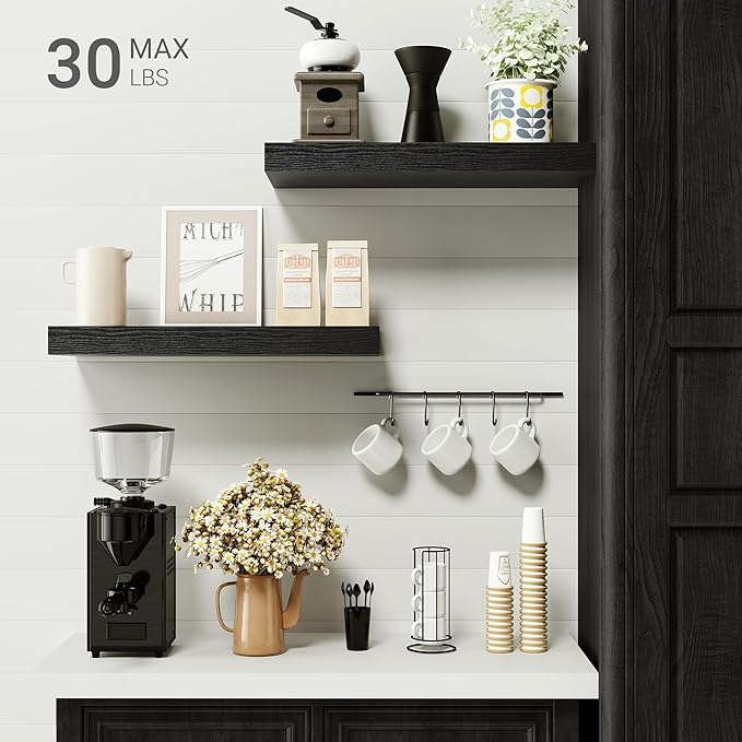 Black Floating Shelves for Wall, 16 inchs x 6.7” deep x 1.4” Wall Shelf for Bathroom Bedroom, Living Room, Kitchen, Office Home Decor, Narrow Wood Shelves with Invisible Brackets Set of 2-Ruum Studio Home