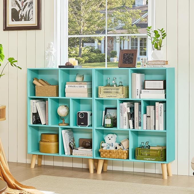LEYAOYAO 7 Cube Bookshelf 3-Tier Bookcase with Legs, Mint-Green Kids Book Shelf Cute Storage Organizer, Toy Shelves Bookshelves,Wood Display Bookcases-Ruum Studio Home