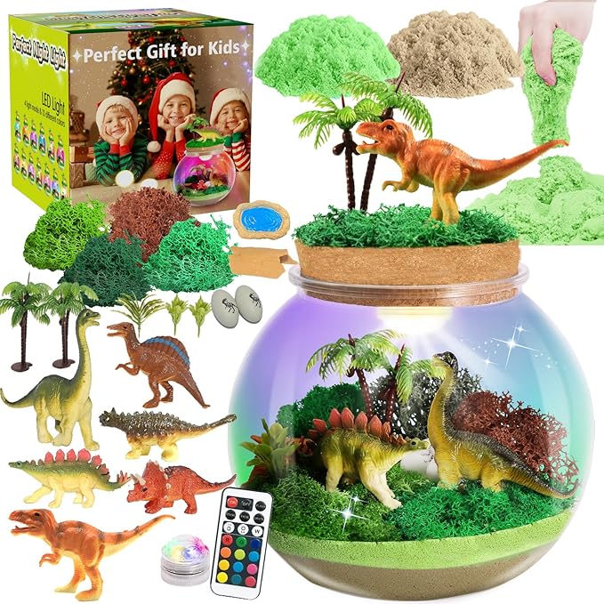 Dinosaur Light-Up Terrarium Kit for Kids- Birthday Gifts for Boys Ages 4 5 6 7 8-12 Year Old- Dinosaur Toys for Boys with Multicolor LED Light & Remote-Ruum Studio Home
