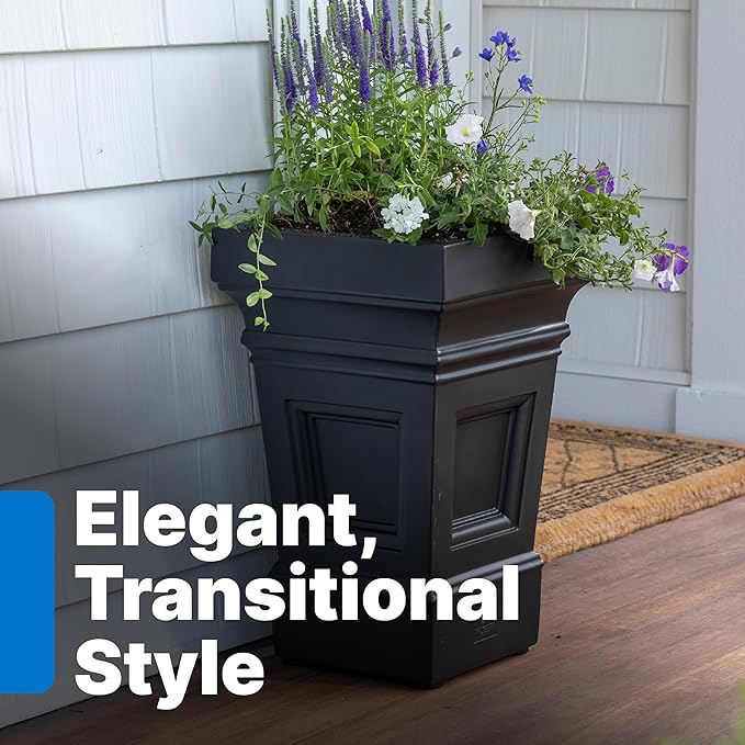 Step2 Atherton Square Planter, Large Planters for Outdoor Plants, Gardening and Flower Pot for Patio or Porch, Efficient Drainage, Durable Plastic, Onyx Black-Ruum Studio Home