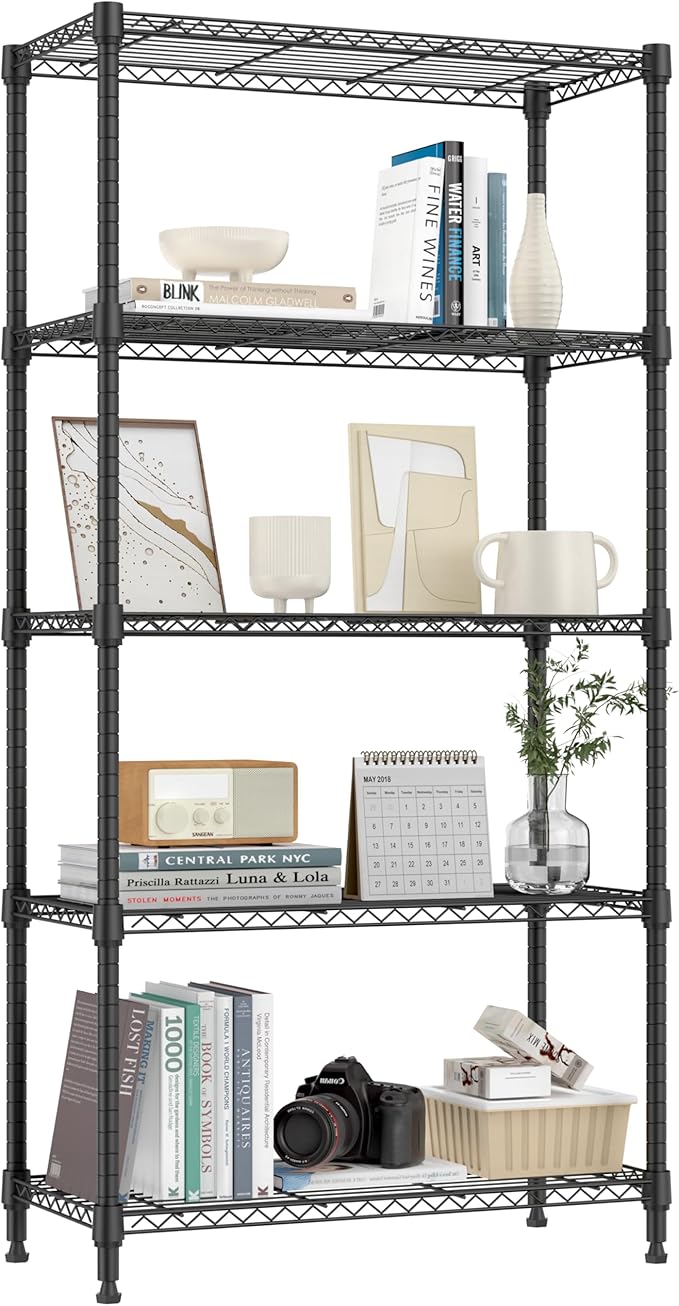 1250 lbs 5 Tier Shelf Metal Storage Shelves Shelving Wire Rack Heavy Duty Closet Organizers for Garage Kitchen Bathroom Laundry Black 13.8" D x 29.5" W x 59.5" H-Ruum Studio Home