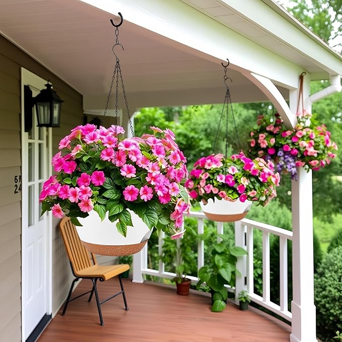 2 Pack 12 Inch Large Hanging Planters with Chains Self Watering White Brown Plastic Hanging Pots for Indoor Outdoor Plants, Garden Porch Home Decor，White Brown-Ruum Studio Home