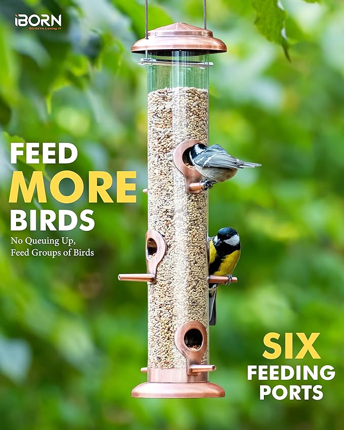 iBorn Metal Bird Feeders Brushed Copper Wild Bird Feeder for Outdoors Hanging All Metal Brushed Copper Finishing 14 Inch 6 Port,Pack of 2-Ruum Studio Home