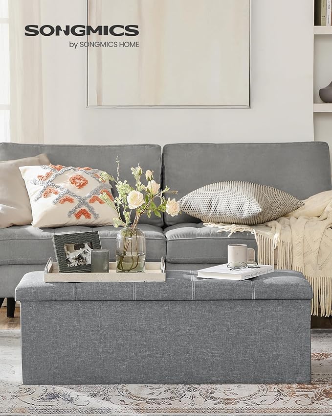 SONGMICS MAZIE Collection - 43 Inches Ottoman Storage Bench, 35 Gal. Folding Chest with Breathable Linen-Look Fabric, Load up to 660 lb, for Entryway, Living Room, Bedroom, Light Gray ULSF077G05-Ruum Studio Home