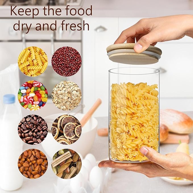 Round Glass Jars Canister with Wood Lid 40 FL OZ [Set of 3], Container Jar with Sealing, Lids for Oat Pasta Flour Cereal Rice Sugar Tea Coffee Beans, Best for Kitchen & Pantry-Ruum Studio Home