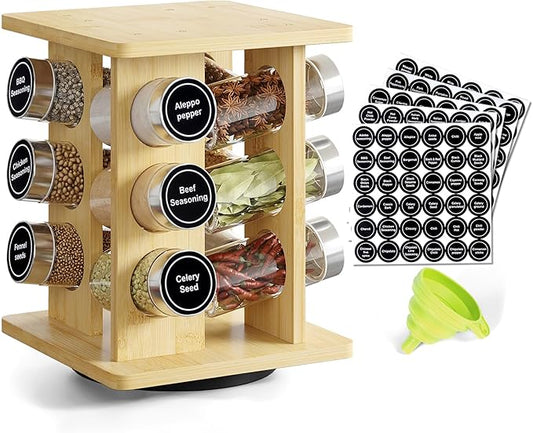 WelFurGeer Bamboo Spice Rack Organizer for Countertop, Revolving Spice Shelf with 12 Glass Jars, Lids & Labels, Desktop Rotating Seasoning Organizer for Kitchens, Space-Saving Design-Ruum Studio Home