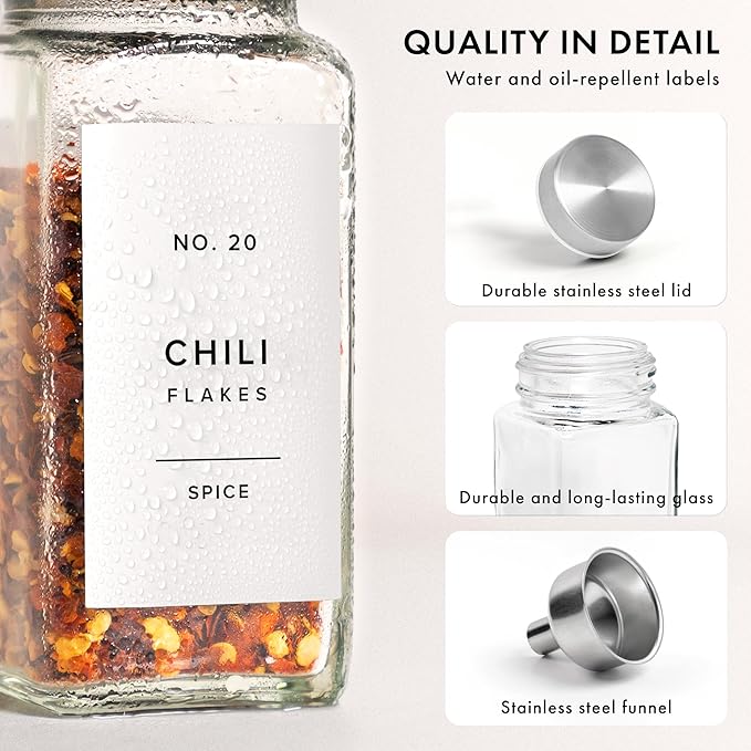 Glass Spice Jars with Label and Stainless Steel Lids (24 x 4oz) Spice Containers with 240 Labels, Shaker Inserts, Steel Funnel, Empty Square Empty Square Seasoning Organizer (White)-Ruum Studio Home
