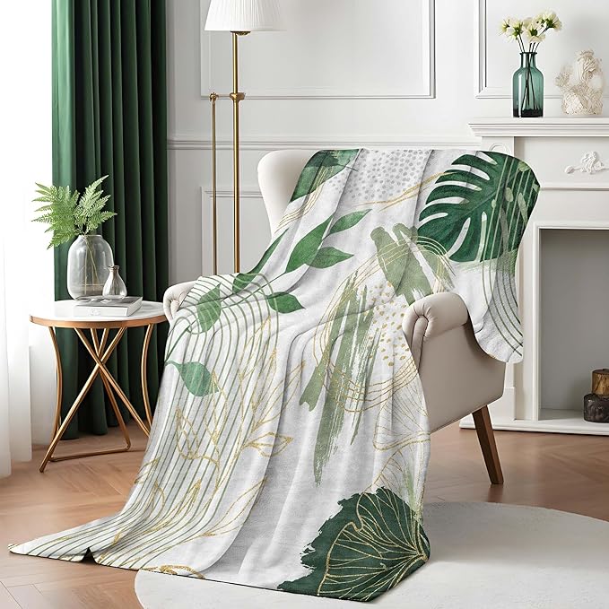 Sage Green Leaf Throw Blanket Mid-Century Green and Gold Boho Flannel Blankets for Couch Bed Living Room Sofa, Decorative Patterned Super Soft Cozy, 50x60 in-Ruum Studio Home