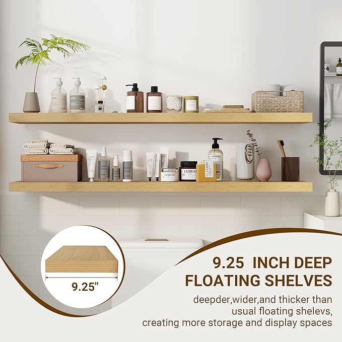 55 Inch Floating Shelves, 3D Textured Wood Grain, 55"x9.25"x1.5" Inch Deep Floating Shelves for Wall, Wooden Shelves for Bathroom, Bedroom, Living Room, Natural-Ruum Studio Home