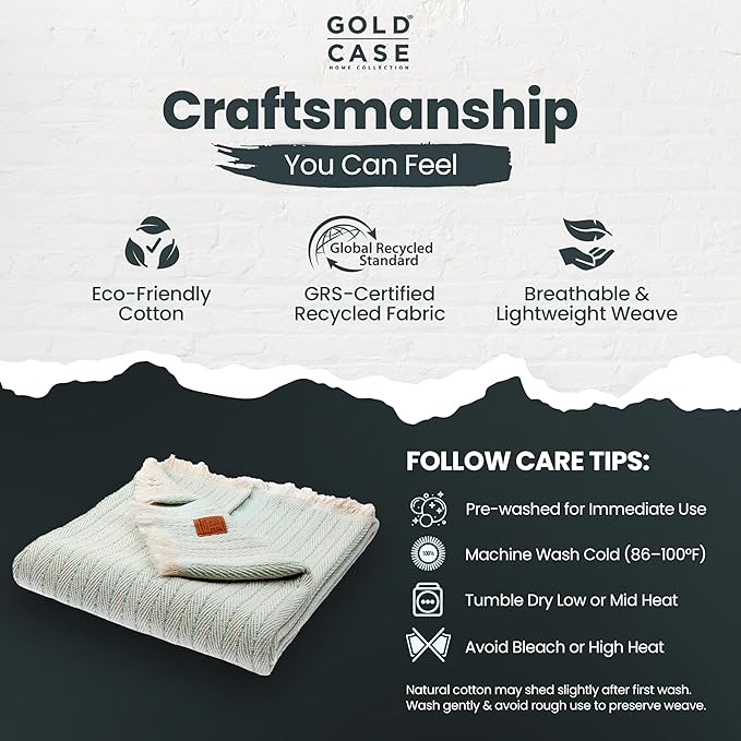 Gold Case Throw Blanket for Couch – 100% Recycled Turkish Cotton Blankets & Throws – Elegant Decorative Throw Blankets for Living Room Sofa – Woven Throws for Couch – Aqua – 60x80-Ruum Studio Home