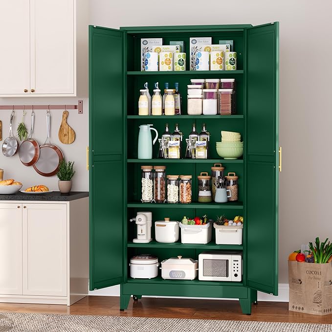 Metal Pantry Cabinet with 2 Doors and 5 Adjustable Shelves, 75" Kitchen Storage Cabinet with Gold Handles, Versatile Storage for Laundry, Living, Bathroom, Dining, Utility Room - Green-Ruum Studio Home