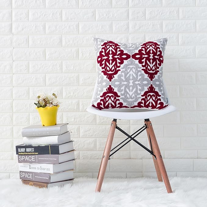 HWY 50 Burgundy Red Decorative Throw Pillow Covers 18x18 Inch, Pack of 2 Embroidered Cotton Farmhouse Cushion Cover Pillow Case for Sofa Couch Living Room Bed Bedroon, Accent Geometric-Ruum Studio Home
