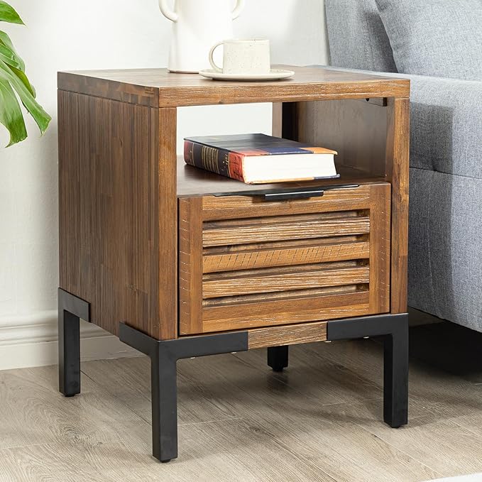Bme Millie Solid Acacia Wood Rustic Nightstand with Drawers & Open Shelf, Pre-Assembled Industrial Modern Side Table for Living Room, Bedroom-Ruum Studio Home