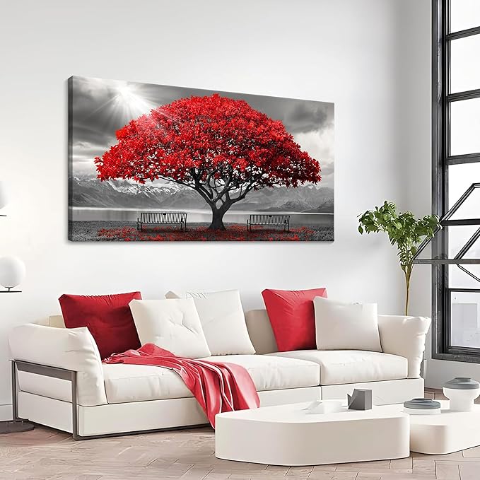 AJAZIKO Red Wall Art - Modern Framed Wall Art for Living Room - Red Tree Black and White Landscape Canvas Prints Posters & Prints for Home Office Bedroom Decorations - Large Wall Pictures 24×48IN-Ruum Studio Home