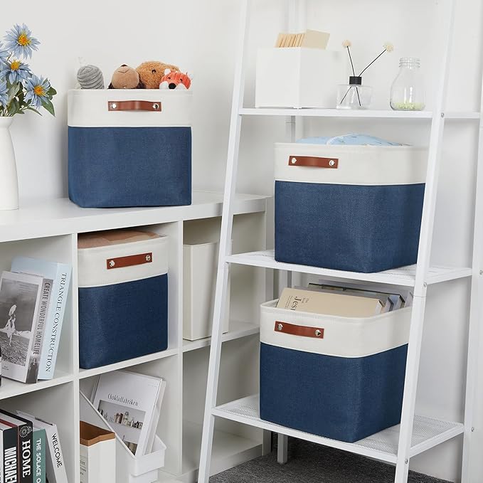 DULLEMELO Foldable Storage Cubes 12 x 12 Organizer Bins,Canvas Storage Bins Empty Gift Baskets for Organizing with SturdyLeather Handles, Closet Baskets for Nursery Storage(4 Pack - 12" White&Blue)-Ruum Studio Home