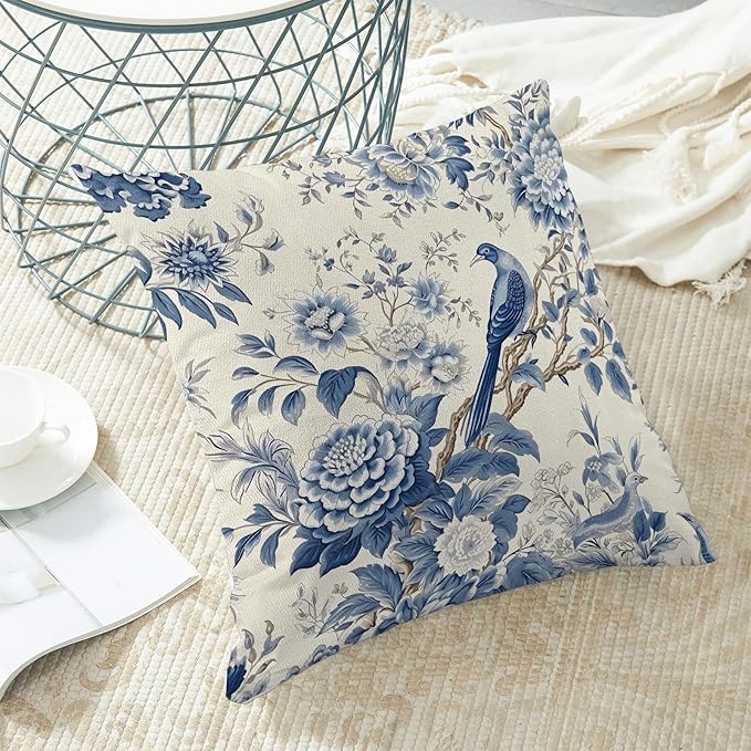 CXMEIFLY Spring Floral Pillow Covers 16 x 16 Inch Set of 2 for Chinoiserie Flowers Bird Decor Throw Pillows Vintage Blue and White Plant Outdoor Decorative Cushion Cases for Couch Bed Decorations-Ruum Studio Home